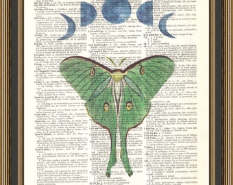 Luna moth print, moon phases wall art, cottage core illustration, vintage drawing, dictionary art, wicca gift.