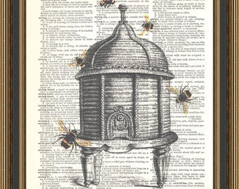 May include: A vintage dictionary page with an illustration of a beehive and bees. The page defines the word "string" and "strobila".