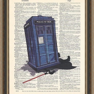 Doctor Who - Tardis versus Darth Vader - illustration is printed on a vintage dictionary page. Doctor Who Print, Darth Vader Print, Poster.