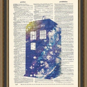 Doctor Who Tardis watercolor illustration is printed on a vintage dictionary page. Dorm Decor,  Science Fiction Print, Dr Who Poster