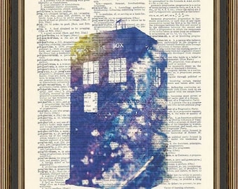 Doctor Who Tardis watercolor illustration is printed on a vintage dictionary page. Dorm Decor,  Science Fiction Print, Dr Who Poster