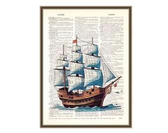 Vintage colorful ship print, Nautical scene art, retro marine poster, beach house wall decor, boys room decor, nursery decoration.