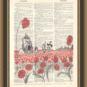 Retro Wizard of Oz illustration, poppy field, dorothy print, tin man art, scarecrow poster, cowardly lion, dictionary page.