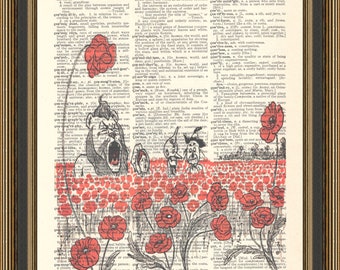 Retro Wizard of Oz illustration, poppy field, dorothy print, tin man art, scarecrow poster, cowardly lion, dictionary page.
