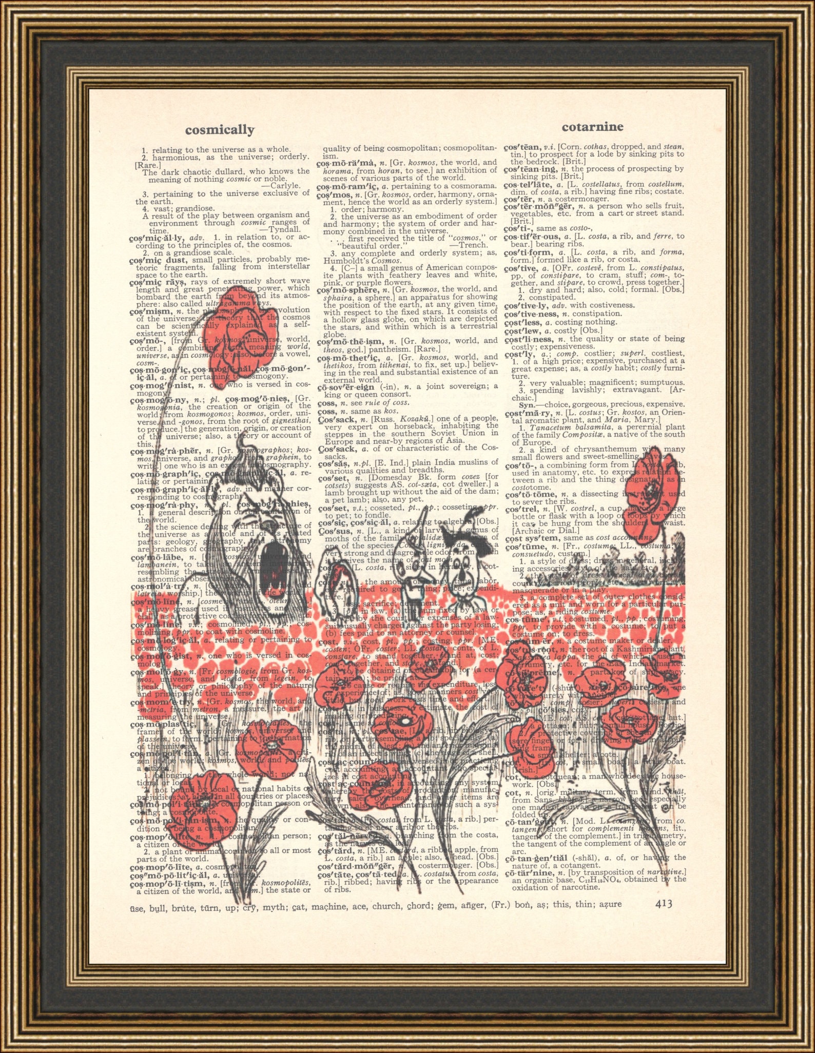 Retro Wizard of Oz illustration, poppy field, dorothy print, tin man art, scarecrow poster, cowardly lion, dictionary page.