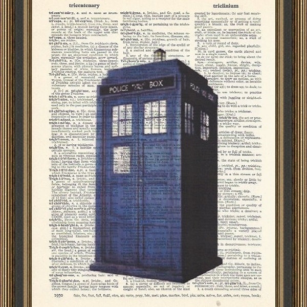 Doctor Who -the Tardis illustration is printed on a vintage dictionary page. Doctor Who, Whovian Print, Blue Box, Dorm Decor. Gift Idea.