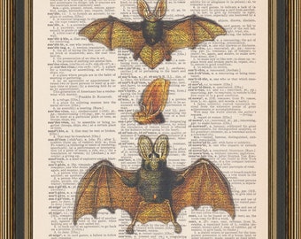 Vintage bat art, Halloween print, spooky poster, macabre decor Natural History, Gothic illustration dictionary art print.