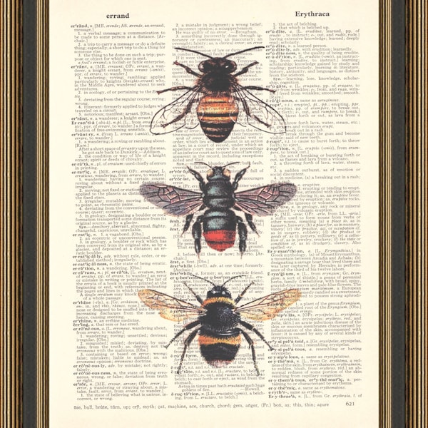 Vintage bees illustration printed on a dictionary page, insect poster.