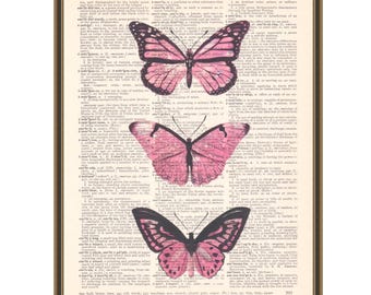 Pink butterflies printed on a vintage dictionary page, girl's bedroom art, birthday gift, butterfly poster, nursery print, insect wall decor