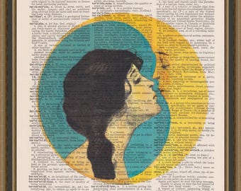 Woman kissing moon illustration printed on a vintage dictionary page. Art Deco Moon Goddess poster, celestial art,print, crescent moon,