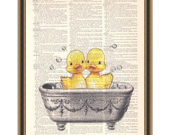 Cute ducks in vintage bathtub print, retro bathroom art, funny rubber ducks, bubble bath, kids bathroom poster, house warming gift, book art