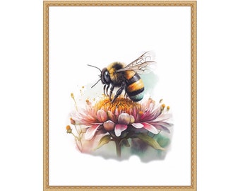 Watercolor bee on flower print, bee keeper gift, nature lover poster, insect wall decor, gardener art.