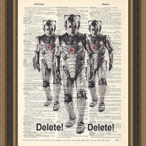 Doctor Who marching cybermen with the words Delete! Delete! printed on a vintage dictionary page. Dr Who Print, Dr Who Fan, Cybermen Print.