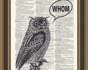 Owl Whom grammar typography illustration printed on a vintage dictionary page, Funny Grammar Print, Teacher Gift, Office Decor Print, Nerdy.