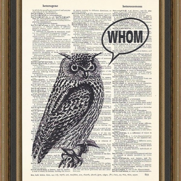 Owl Whom grammar typography illustration printed on a vintage dictionary page, Funny Grammar Print, Teacher Gift, Office Decor Print, Nerdy.