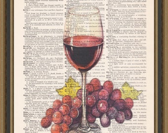 Wine lover art print, glass of red wine and grapes illustration, wine drinker gift, bar wall poster, kitchen decor, home bar.