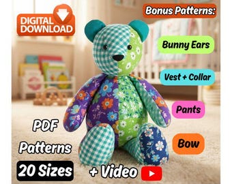 Teddy Bear Sewing Tutorial | Plush Animal Pattern | 20 Sizes PDF