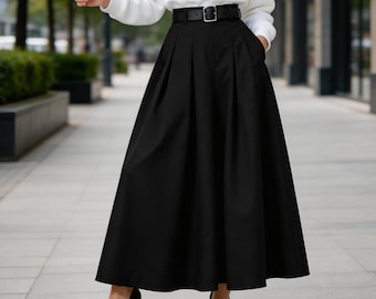 Black A-Line Maxi Skirt With Pockets Elegant Minimalist Flowy Skirt High Waist Casual Chic Outfit For All Seasons Everyday Wear