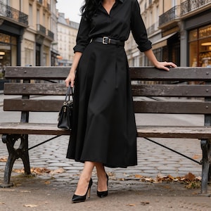 Black A-Line Midi Skirt With Pockets High Waist Elegant Flowy Skirt Spring Summer Casual Chic Wardrobe Essential