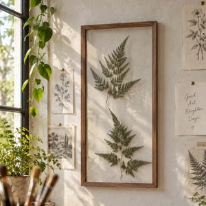 Puede incluir: Un marco rectangular de madera que contiene dos frondas de helecho verdes prensadas detrás de un cristal. El marco está montado en una pared blanca texturizada junto a varias láminas botánicas y un papel con el texto Good Art Brighter Days y un corazón.