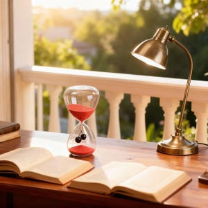 May include: A clear glass hourglass filled with red sand, featuring a cherry design, sits on a wooden desk. A vintage brass desk lamp is lit, and two open books are visible. The background shows a white balcony and greenery.