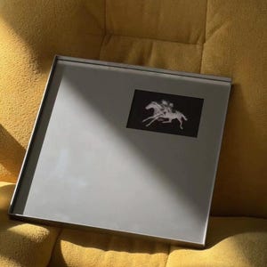 Puede incluir: Un marco cuadrado de metal plateado que contiene un paspartú gris claro. Una pequeña fotografía rectangular en blanco y negro de un caballo y un jinete en movimiento está colocada en el cuadrante superior derecho del marco.