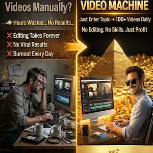Puede incluir: Imagen promocional dividida. Un lado muestra a una persona estresada frente a una computadora con el texto "Still Editing Videos Manually?". El otro lado muestra a una persona sonriente con "AUTO AI VIDEO MACHINE".