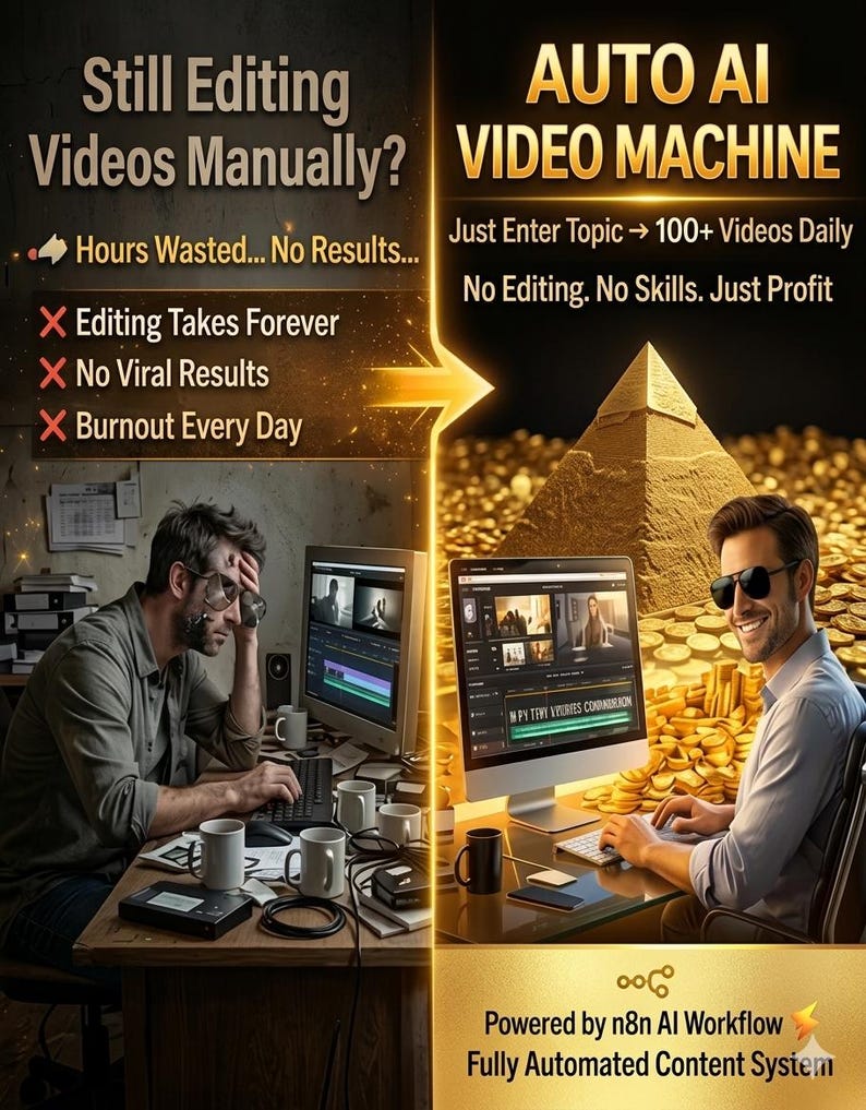 May include: A split image contrasts video editing methods. One side shows a stressed person at a computer with the text "Still Editing Videos Manually?" The other side shows a smiling person with the text "AUTO AI VIDEO MACHINE."