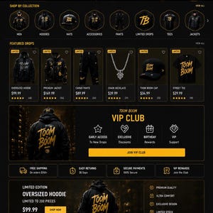 May include: A website interface for Toom Boom Brand featuring a dark theme with gold text. The layout displays navigation menus, a featured product section with hoodies, jackets, pants, and accessories, a VIP club banner, and social media feeds.