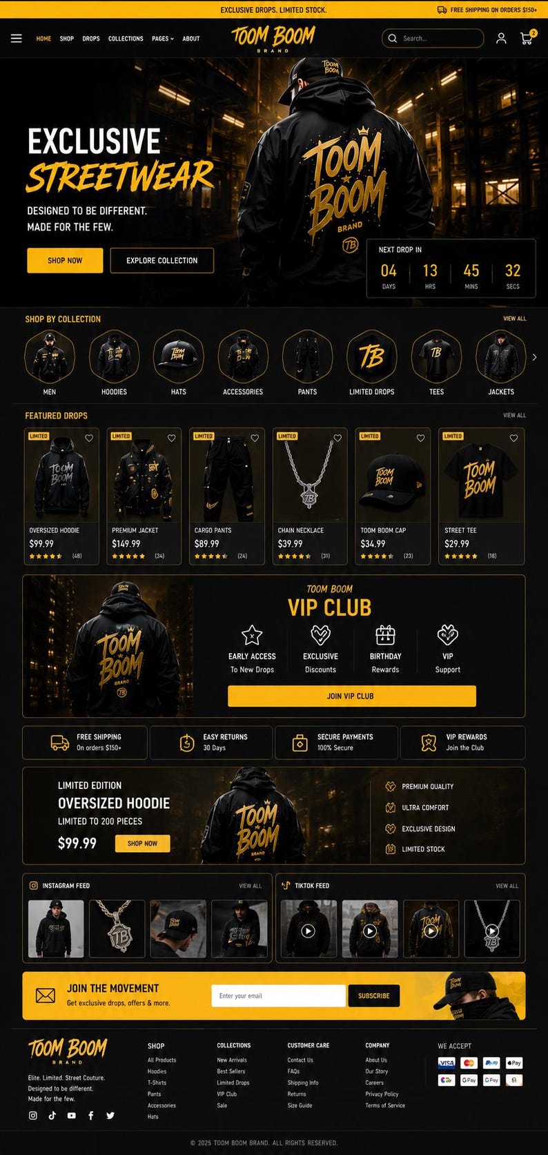 May include: A website interface for Toom Boom Brand featuring a dark theme with gold text. The layout displays navigation menus, a featured product section with hoodies, jackets, pants, and accessories, a VIP club banner, and social media feeds.