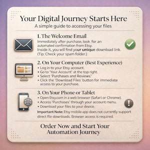 Professional n8n automation workflow import guide infographic. Featuring a futuristic neon blue and purple technology theme. The image provides step-by-step instructions for importing .json files on desktop and mobile browsers, with a call to action: 'Order Now and Begin Your Golden Journey with Automation'.