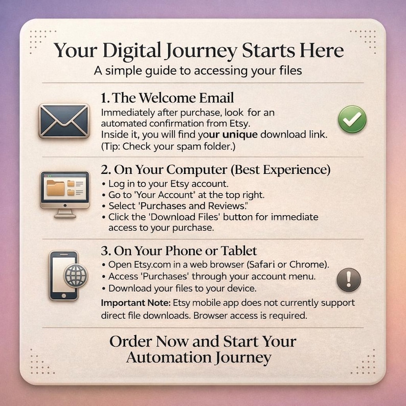 Professional n8n automation workflow import guide infographic. Featuring a futuristic neon blue and purple technology theme. The image provides step-by-step instructions for importing .json files on desktop and mobile browsers, with a call to action: 'Order Now and Begin Your Golden Journey with Automation'.