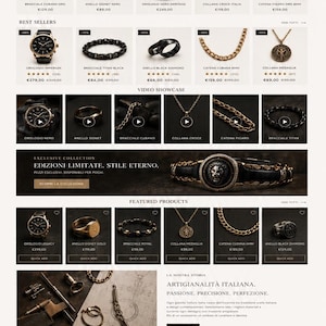 May include: A webpage for Velluro Italia displaying a collection of gold and black jewelry including watches, rings, bracelets, necklaces, and cufflinks. The layout features product categories, best sellers, customer reviews, and promotional banners.