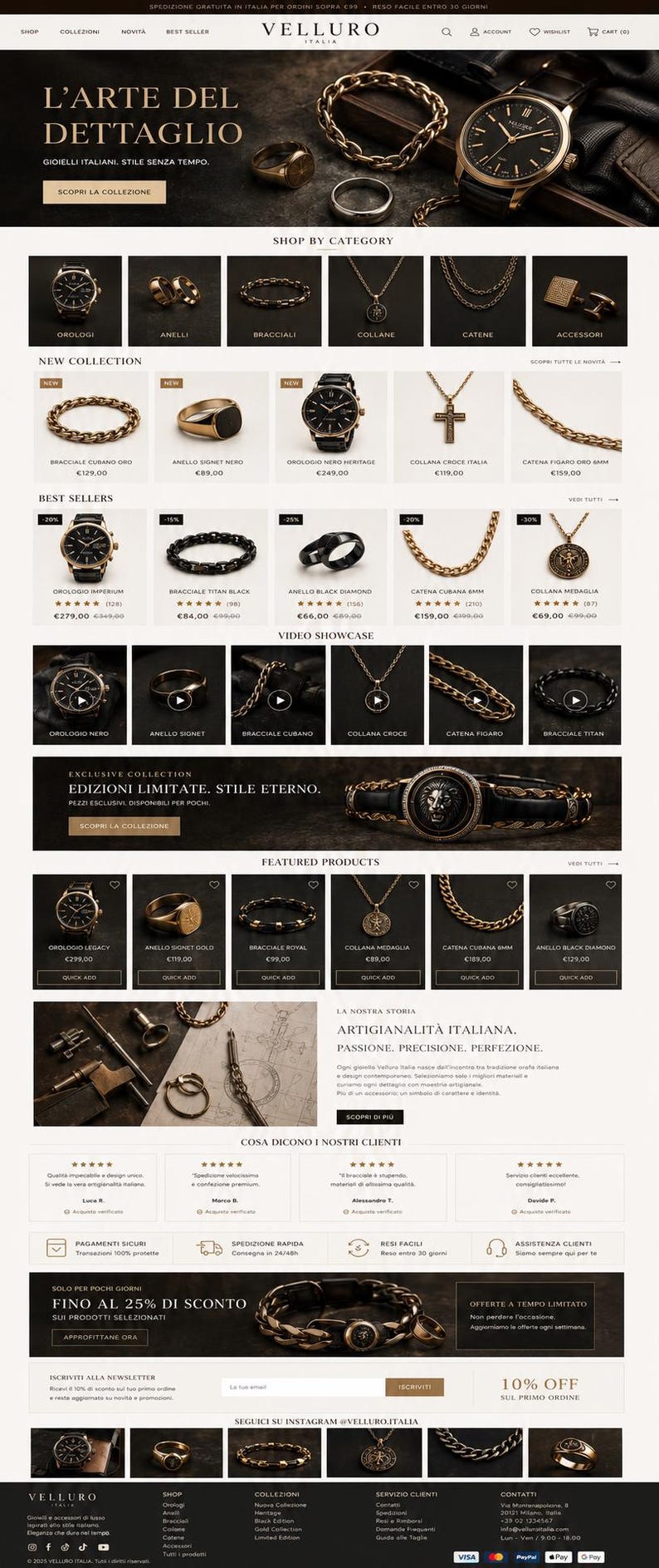May include: A webpage for Velluro Italia displaying a collection of gold and black jewelry including watches, rings, bracelets, necklaces, and cufflinks. The layout features product categories, best sellers, customer reviews, and promotional banners.