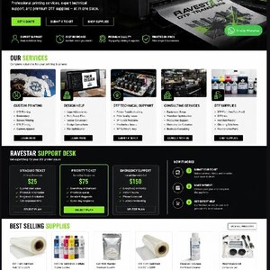 May include: A website screenshot for Ravestar featuring a black printer with DTF transfers, service categories including custom printing and technical support, a support desk pricing table, and a product gallery of printing supplies.