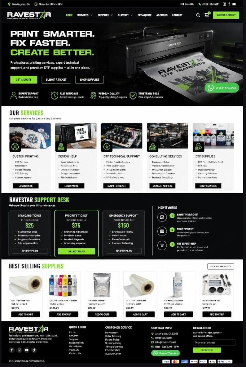 May include: A website screenshot for Ravestar featuring a black printer with DTF transfers, service categories including custom printing and technical support, a support desk pricing table, and a product gallery of printing supplies.