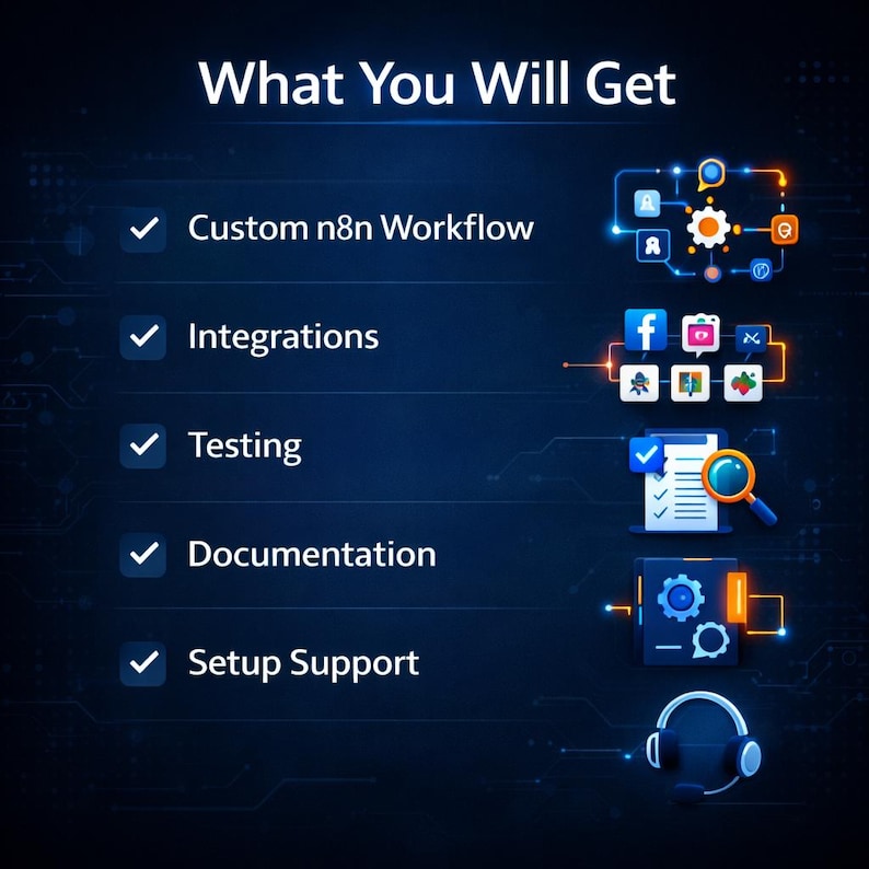 "Standard N8N automation package highlighting multi-platform workflows, error handling, and scheduling."
