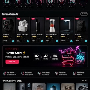 May include: A dark-themed e-commerce website interface for Alion Store featuring a hero section with a person, a TikTok-style shopping bag icon, category navigation icons, a trending products grid, a flash sale countdown timer, and a footer.