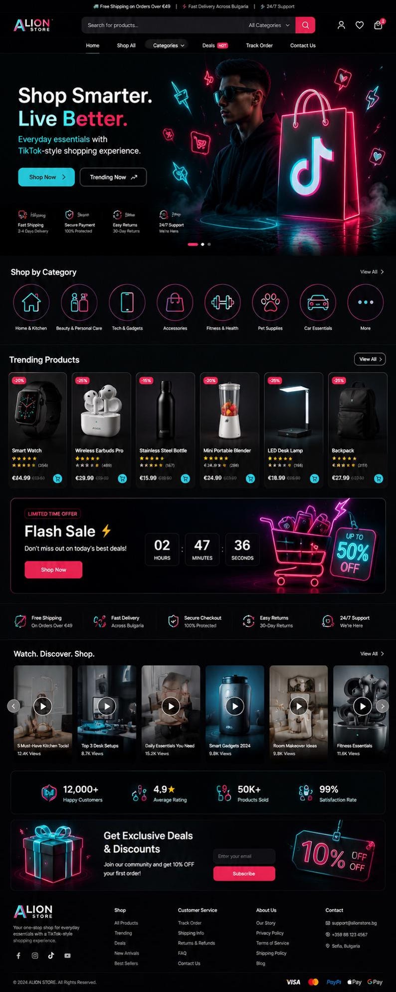 May include: A dark-themed e-commerce website interface for Alion Store featuring a hero section with a person, a TikTok-style shopping bag icon, category navigation icons, a trending products grid, a flash sale countdown timer, and a footer.