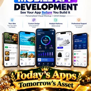 May include: A promotional graphic for custom mobile app development featuring five smartphones displaying various app interfaces, including food, travel, fitness, and finance trackers, set against a background of gold coins and a gold bar.