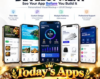 May include: A promotional graphic for custom mobile app development featuring five smartphones displaying various app interfaces, including food, travel, fitness, and finance trackers, set against a background of gold coins and a gold bar.