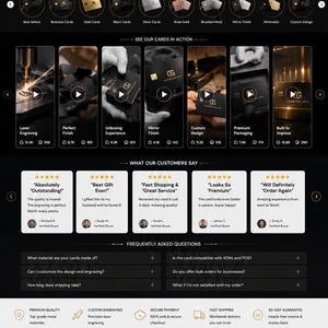May include: A website interface for Custom Card Guys featuring a black background with gold accents. The page displays custom metal bank cards, customer reviews, a featured collection of various metallic card finishes, and navigation menus.