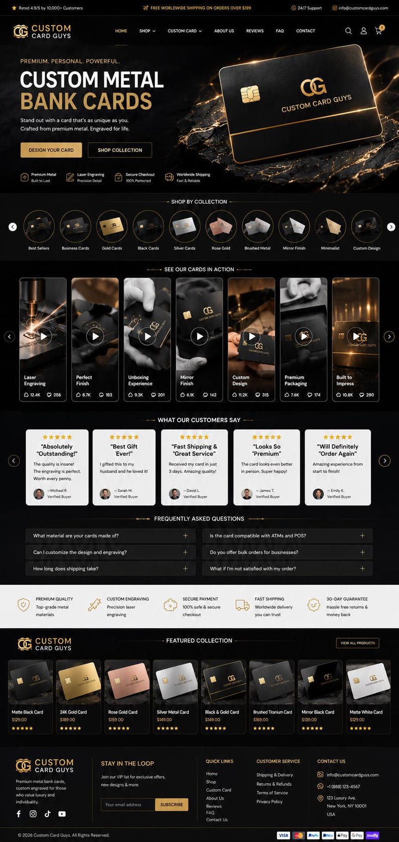 May include: A website interface for Custom Card Guys featuring a black background with gold accents. The page displays custom metal bank cards, customer reviews, a featured collection of various metallic card finishes, and navigation menus.