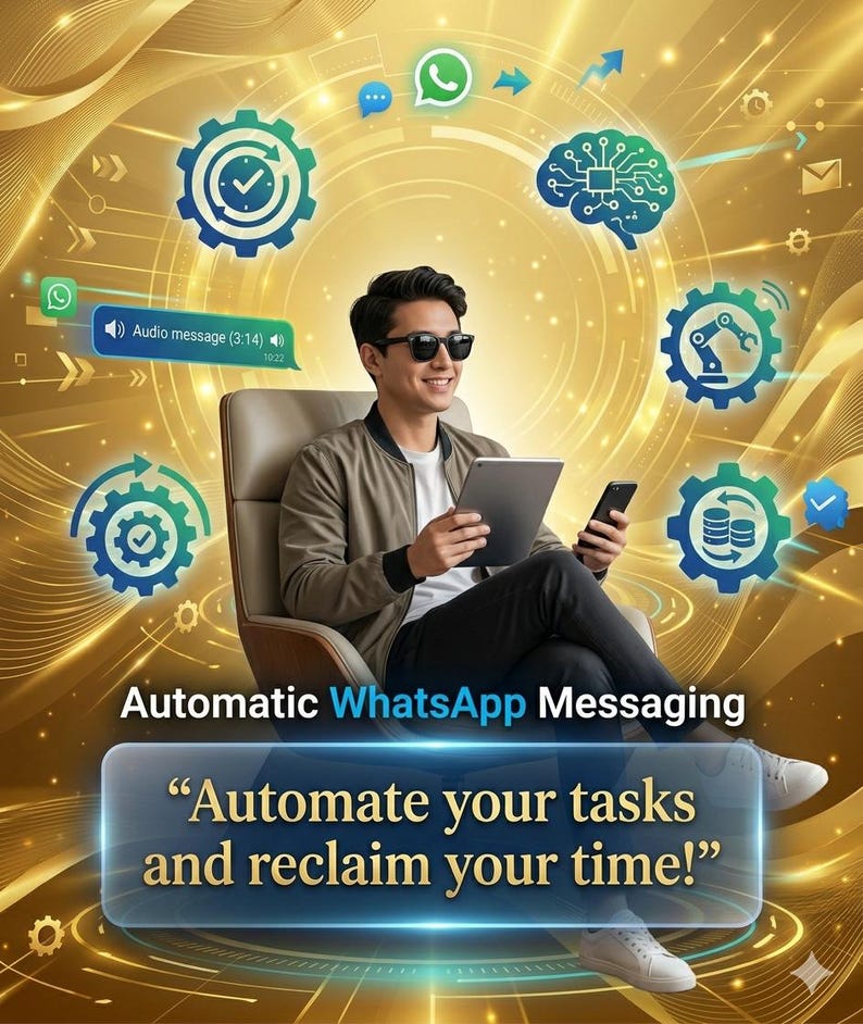 Visual representation of productivity and income growth using automation bundle, person relaxing with smartphone, floating coins, dollar bills, and sparkles, text box saying ‘Increase efficiency and earnings effortlessly’, modern cinematic composition, clean tech-style layout, highly optimized e-commerce image.