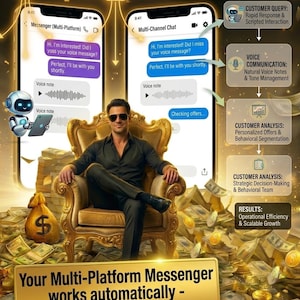 Könnte beinhalten: Werbeillustration für einen Multi-Plattform-Messenger-Dienst. Ein Mann mit Sonnenbrille sitzt in einem goldenen Stuhl, umgeben von Geld. Zwei Telefone zeigen Chat-Nachrichten. Text: "Ihr Multi-Plattform-Messenger arbeitet automatisch - lehnen Sie sich einfach zurück und entspannen Sie sich!"