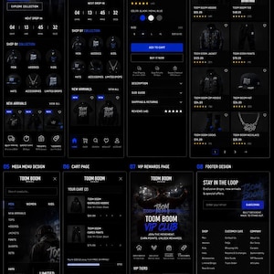 May include: A digital interface design for the Toom Boom brand e-commerce website, featuring eight mobile screen layouts including a homepage, product page, collection page, mega menu, cart, VIP rewards page, and footer with dark mode aesthetics.