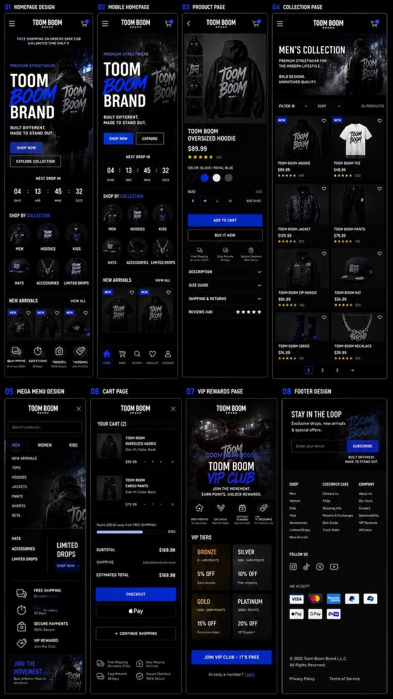 May include: A digital interface design for the Toom Boom brand e-commerce website, featuring eight mobile screen layouts including a homepage, product page, collection page, mega menu, cart, VIP rewards page, and footer with dark mode aesthetics.