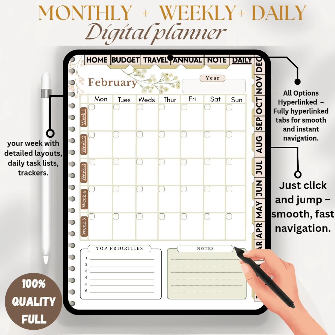Digital Planner PDF, Monthly Daily Weekly Planner, 2026 Calendar ...