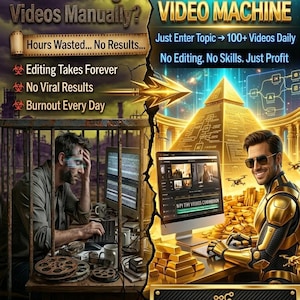 Op de afbeelding: Een advertentie vergelijkt handmatige videobewerking met een geautomatiseerd AI-systeem. De linkerkant toont een gestreste persoon die video's bewerkt, terwijl de rechterkant een succesvol persoon met goudstaven afbeeldt. Tekst bevat "Still Editing Videos Manually?" en "AUTO AI VIDEO MACHINE."