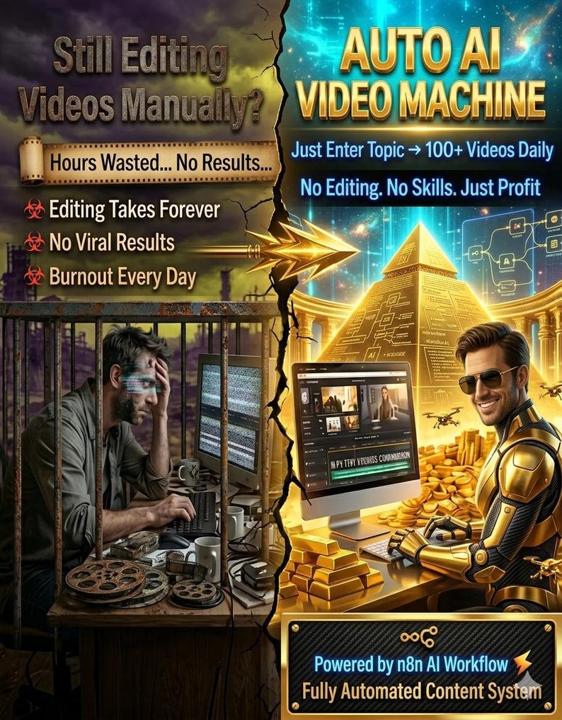May include: An advertisement contrasts manual video editing with an automated AI system. The left side shows a stressed person editing videos, while the right side depicts a successful person with gold bars. Text includes "Still Editing Videos Manually?" and "AUTO AI VIDEO MACHINE."